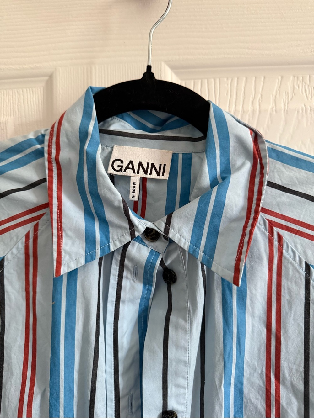 GANNI Women' Striped Button-Up Shirt in Light Blue - Picture 2 of 3